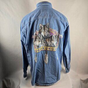 Vintage Bear Back Shirt Mens Large Denim Button Down Wolf Apache Made In USA